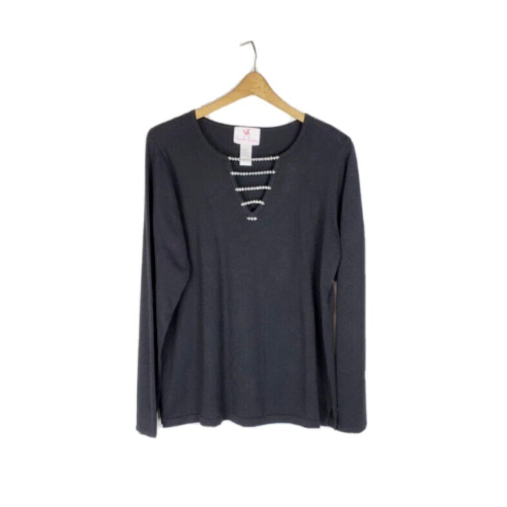 Quacker Factory Rhinestone Ladder Neck Top Long Sleeve Black Cotton Size Medium